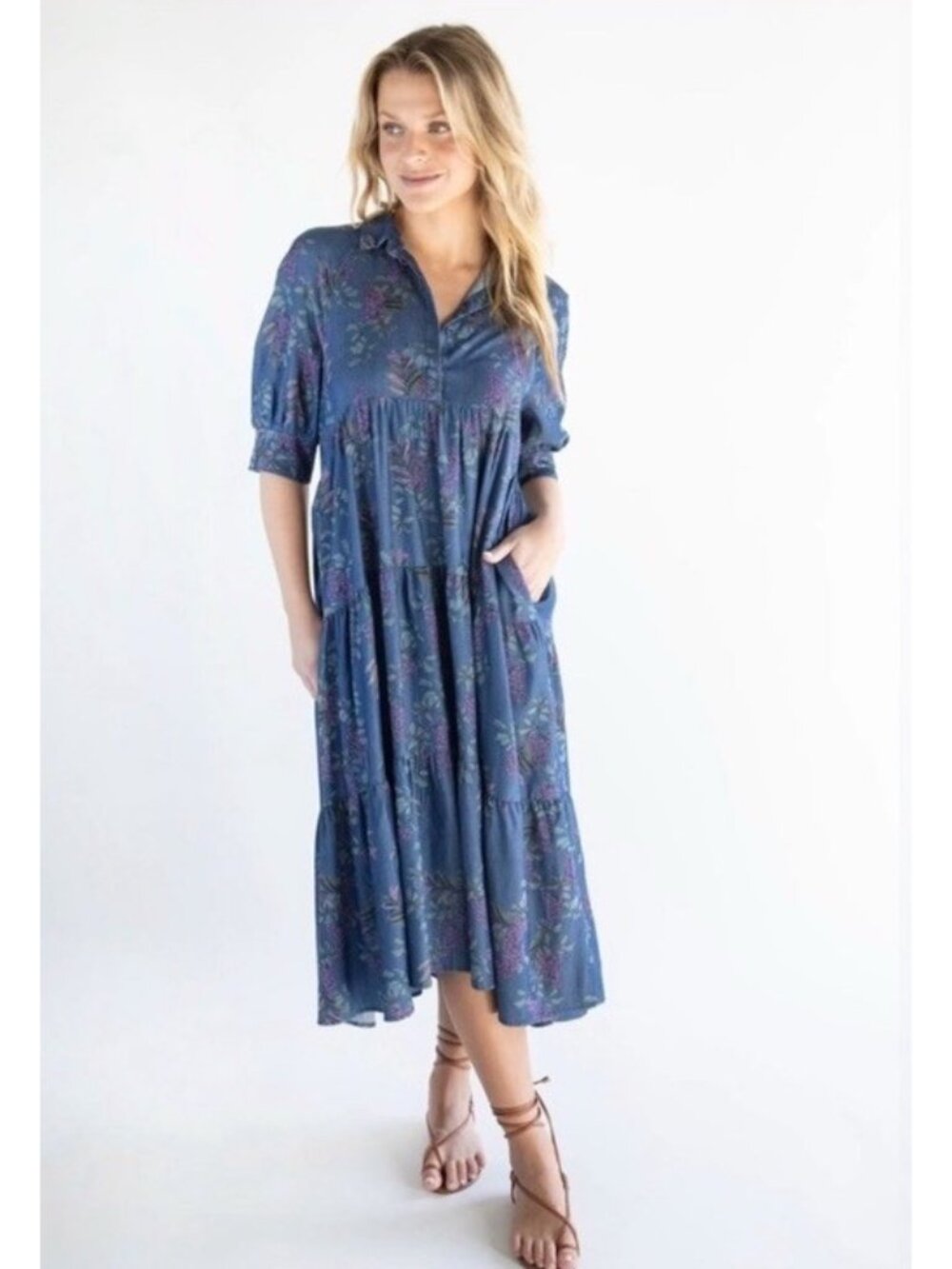 Natural Life XL Rebecca Tiered Midi Dress Flowy Blue Floral Cottagecore Hyacinth